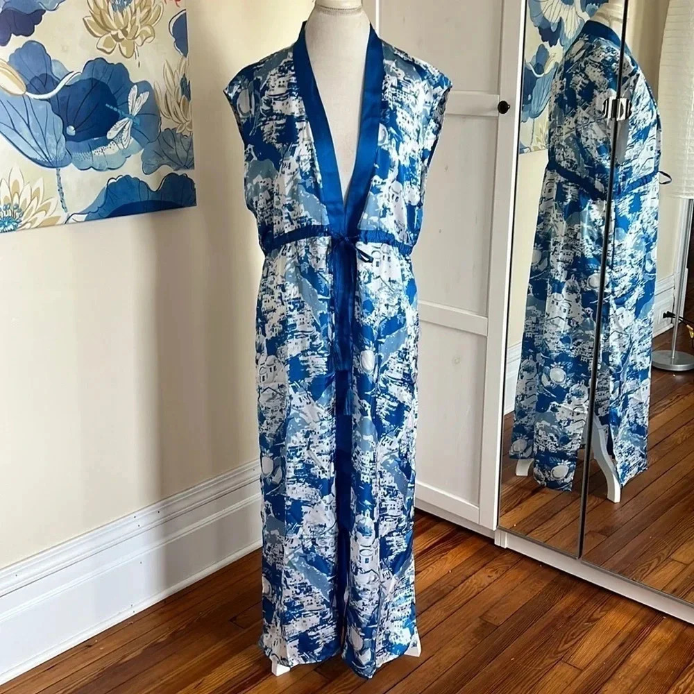 G by Giuliana Blue and White Capri Print Robe Style Swimsuit Cover-up - Size L
